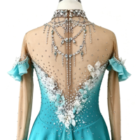 Robe de patinage artistique dégradé turquoise et blanc, ornée de fleurs 3D et de strass, dos ouvert, pour adultes et enfants