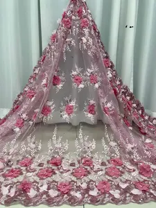 Fabrik preis edle Braut Brautkleider Kleid Stoff 3D Blume Perlen Kleid Spitze Stoff für Frauen mit Steinen Mesh-Material