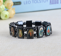 Bracelet Chapelet Religieux Dévotionnel avec Pendentif Goutte d'Hématite Noire Carrée, Icône Orthodoxe et Portrait de Saint Catholique – Idéal comme Cadeau