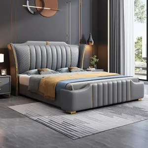 Latest Modern Simple Luxury Leather Bed Sets Furniture Bedroom Solid Wooden Frame Double King Size Bed