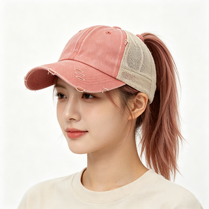 Casquette trucker pour femme avec ouverture pour queue de cheval, en coton délavé et usé, dos en maille, style Y2K, décontractée, pour l'extérieur, logo personnalisé - Product Image 1