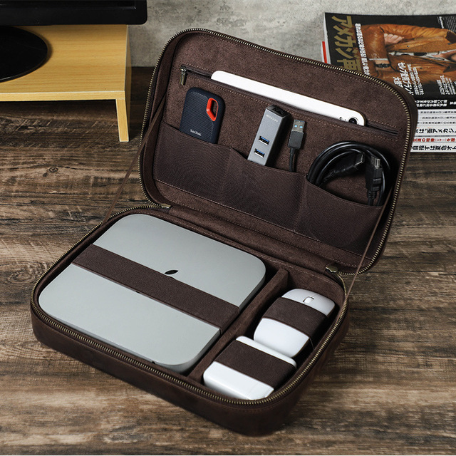 Portable Accessories Leather Storage Case Handmade Genuine Leather Electronic Travel Cable Organizer Bag for Apple Mac Mini