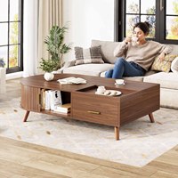 Table basse OEM style Mid-Century avec armoire à portes cannelées, plateau amovible et pieds inclinés – Meuble de cocktail contemporain pour la maison