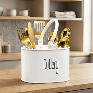 Support de rangement pour couverts blanc avec ustensiles dorés, organisateur de cuisine moderne, type sur pied, fabriqué à la main en Inde - Product Image 1