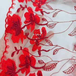Passamaneria in pizzo ricamato ecologico da 33 cm, tessuto a rete con fiori rossi in spandex/nylon lavorato a maglia - Product Image 4