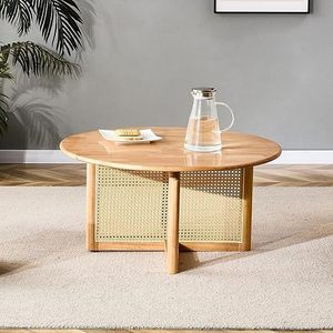 Mesa redonda pequeña de estilo japonés para uso doméstico en apartamentos pequeños, sala de estar, estilo sencillo de madera, con decoración de ratán. - Product Image 3