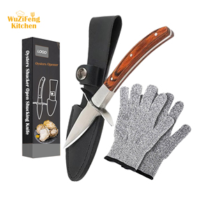 Outil d'ouverture de fruits de mer en acier inoxydable, gants résistants aux coupures, manche en bois, ensemble de couteaux à huîtres et à coquillages avec housse de protection - Product Image 1
