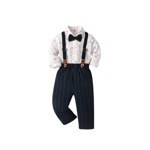 Ensemble deux pièces pour bébés garçons : chemise imprimée à manches longues et <span class=keywords><strong>pantalon</strong></span> à bretelles – Tenue habillée délicate pour le printemps et l'automne - Product Image 5