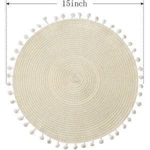 Napperon rond tissé en rotin de coton imperméable à l'eau pour table à manger de mariage avec pompon élégant style à carreaux papier riche base - Product Image 1