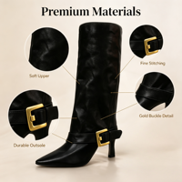 Bottes hautes en cuir de vachette ciré sur mesure, bout pointu, talon aiguille, boucle carrée, fermeture éclair latérale, doublure café, OEM ODM, couleur personnalisée