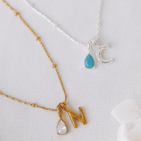 Collier avec pendentif en forme de goutte d'eau en zircon et diamant, initiales, en acier inoxydable plaqué or, bijoux de mariage et de fête