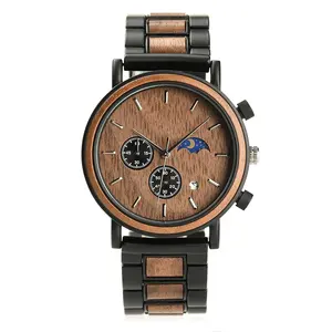 Đồng Hồ Gỗ Kim Loại Đồng Hồ Thủ Công Cổ Điển Đồng Hồ Đeo Tay Nam Dropshipping With Moon Phase