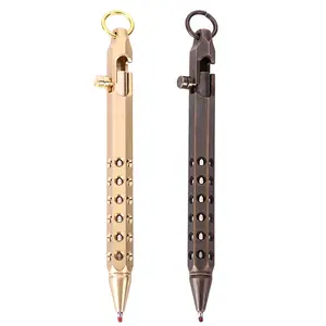 Vintage solid brass hexagonal shaped bolt action ballpen bronze brushed treatment holes EDC pocket trigger rifle pen