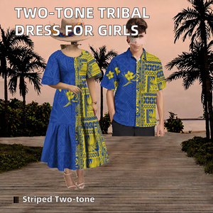 Vestido Popular al por Mayor Personalizado de Manga Corta para Niñas con Patrón Tribal Geométrico Bicolor de Palma, de Poliéster, Estilo Islas del Pacífico - Product Image 2