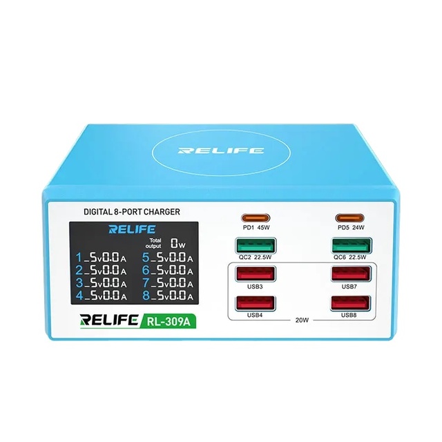 RELIFE RL-309A Digital Display 8-port Charger 100W Quick Charging 3A Fast Charging Suitable for All Kinds of Devices