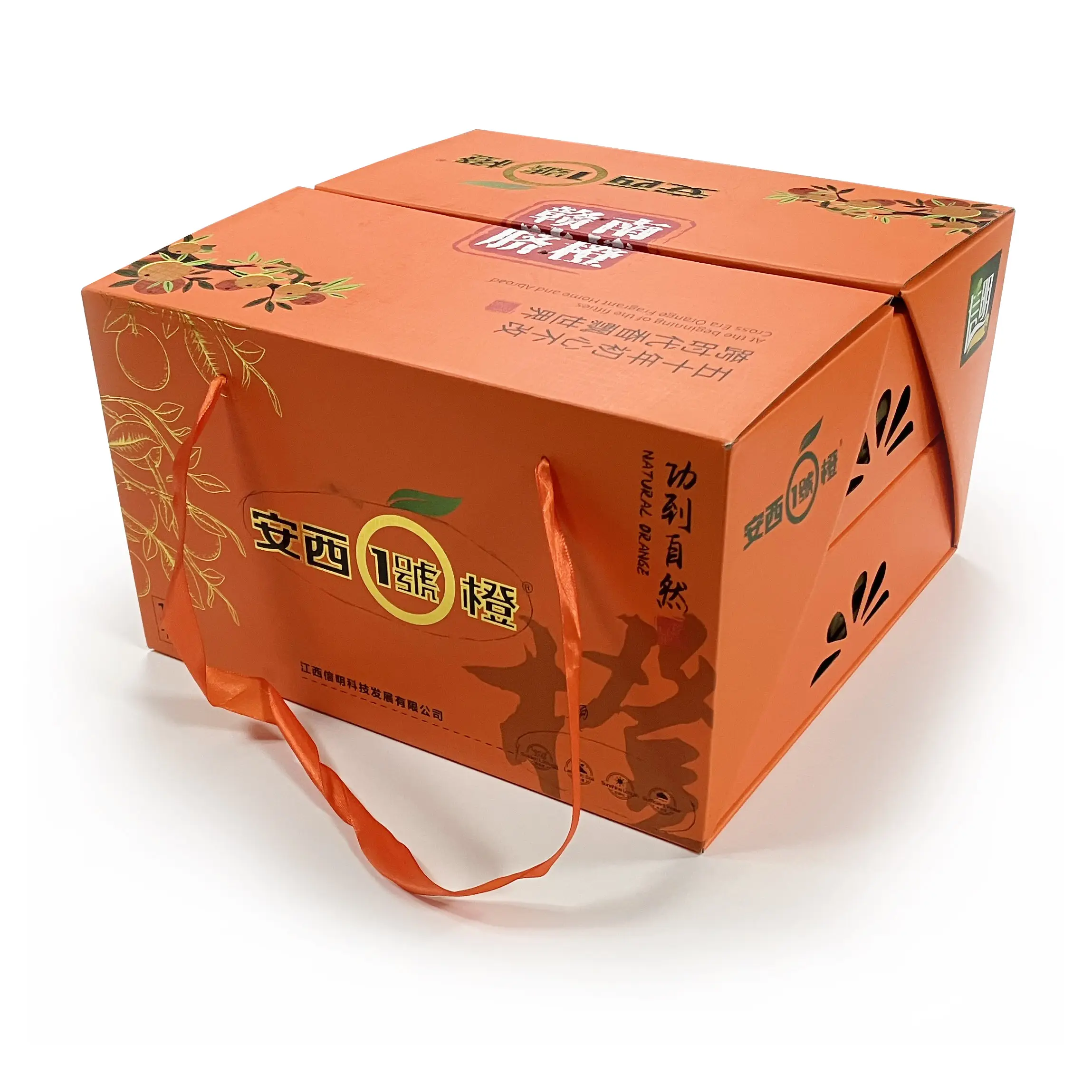 Özel Logo baskılı Kraft karton oluklu kutu lüks kuru meyve turuncu elma ambalaj nakliye saplı hediye kutusu