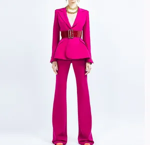 New Style Fashion Pink Ladies Clothes Two Pieces Suit Set Long Pants Business Blazer