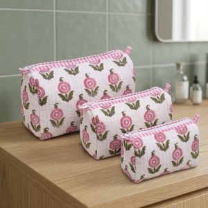 Women's Pink Floral Cotton Cosmetic <b>Bags</b> Pink White Pattern Cosmetic <b>Bags</b> With Zipper Closure Large Medium <b>Small</b> Multi <b>Bags</b> - Product Image 1