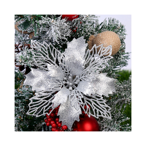 Flores de Pascua con purpurina dorada, adorno para árbol de Navidad, flores artificiales con clips, tallos, adornos navideños - Product Image 1
