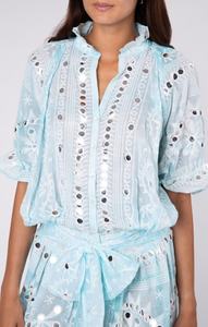 Robe à manches courtes avec broderie délicate en miroir, détails ornés, imprimé nomade, art indien, naturel 100% - Product Image 4