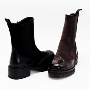 מסוגנן קלאסי broue עיצוב מודרני זמש ותערובת עור צד-רוכסן עבה אופנתיים שחור/חום לנשים - Product Image 5