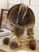 Chapeau d'hiver chaud à visière avec oreilles de chat mignonnes en fourrure, chapeau aviateur à cache-oreilles, chapeau en fourrure naturelle de raton laveur, chapeau en peluche pour parents et enfants