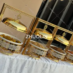 Party wedding event kiosk hanging ceramic chefing dish server food warmer set white and gold chaffing dishes for buffet catering