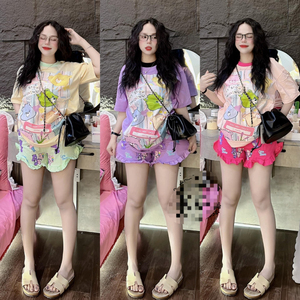 Doux mignon fille été deux pièces ensemble lâche ours imprimé à manches courtes conception dentelle Shorts au-dessus du genou longueur au-dessus du genou - Product Image 6