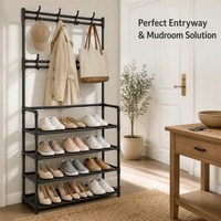 Porte-vêtements 5 niveaux noir et blanc avec 8 crochets, porte-manteau et organisateur de chaussures, armoire de rangement pour entrée, structure métallique, vente en gros