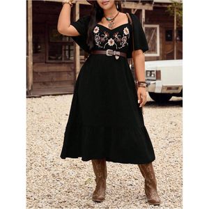 Women's Plus Size Western <b>Cowgirl</b> <b>Dress</b> Floral Embroidered Ruffle Short Sleeve A-Line Maxi Boho Country Outfit - Product Image 3