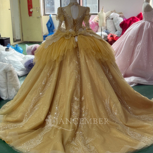 ชุดราตรีสีทอง Xs231 ทรงบอลกาวน์ทันสมัยสำหรับคุณแม่เจ้าสาวหรืองาน Quinceanera ไซส์พลัส ประดับด้วยลูกไม้ปักลาย คริสตัล และลูกปัด พร้อมผ้าจับจีบ - Product Image 3
