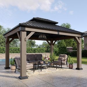 Gazebo en bois d'extérieur, gazebo à toit rigide, pavillon en bois <span class=keywords><strong>permanent</strong></span> avec toit double en acier galvanisé, pour patio, jardin, terrasse - Product Image 1