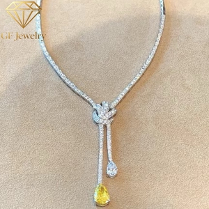 Collier Lariat en Or Blanc 14K avec Diamant de Laboratoire Jaune Poire, Motif Nœud, Chaîne Tennis Entièrement Pavée, Certifié IGI, Luxe, pour Femme - Product Image 2