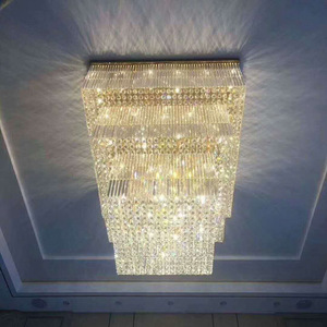 Lustre carré en cristal finition or E26 LED avec télécommande, intensité variable, blanc chaud 3500K, acier inoxydable, hauteur réglable - Product Image 2