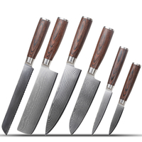 Ensemble de 6 couteaux de cuisine en acier Damas avec manches bimatières (acier inoxydable S430 et bois Pakka), ultra-affûtés et ambidextres
