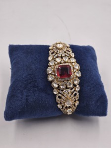 gold-plated brass cuff <b>bracelet</b> features central square <b>ruby</b> doublet surrounded intricate floral-patterned polki crystals SET - Product Image 2