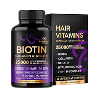 Biotina, Colágeno y Queratina 25000mg, Complejo Multivitamínico de Belleza, Cápsulas de Suplemento Dietético, 60 Cápsulas/Botella, 2 Cápsulas por Porción