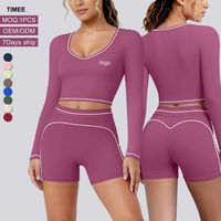 Set Yoga Wanita 2 Potong Terbaru dengan Detail Kontras, Atasan Crop Lengan Panjang dan Celana Pendek Pinggang Tinggi untuk Olahraga dan Latihan