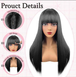 Perruque Addams noire décolorée, <span class=keywords><strong>cheveux</strong></span> raides <span class=keywords><strong>mi</strong></span>-longs de 26 pouces, personnage de l'horreur d'Halloween, perruque en fibre chimique pour femmes, <span class=keywords><strong>frange</strong></span> - Product Image 4