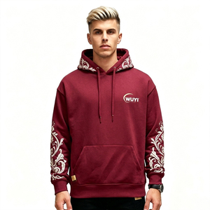 Sweat à capuche bordeaux tendance pour homme 2026 avec broderie florale blanche, coupe oversize, style streetwear, pull personnalisable avec logo WUYI - Product Image 2