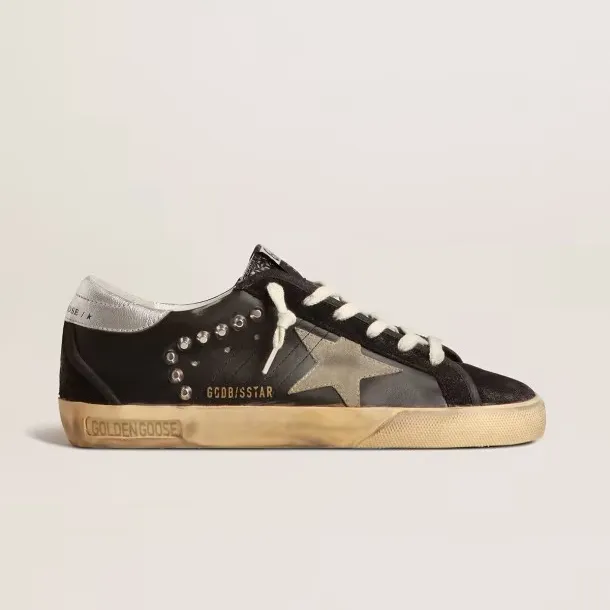 Goldens Sneakers Gooses Mens Super Star in black leather and suede with silver studs