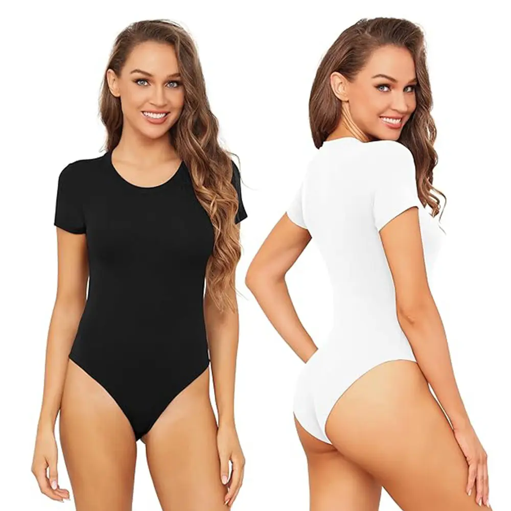 Custom logo women's bodysuit Short Sleeve Round Neck Casual Stretchy Basic sexy bodysuit seamless Tops thong bodysuit