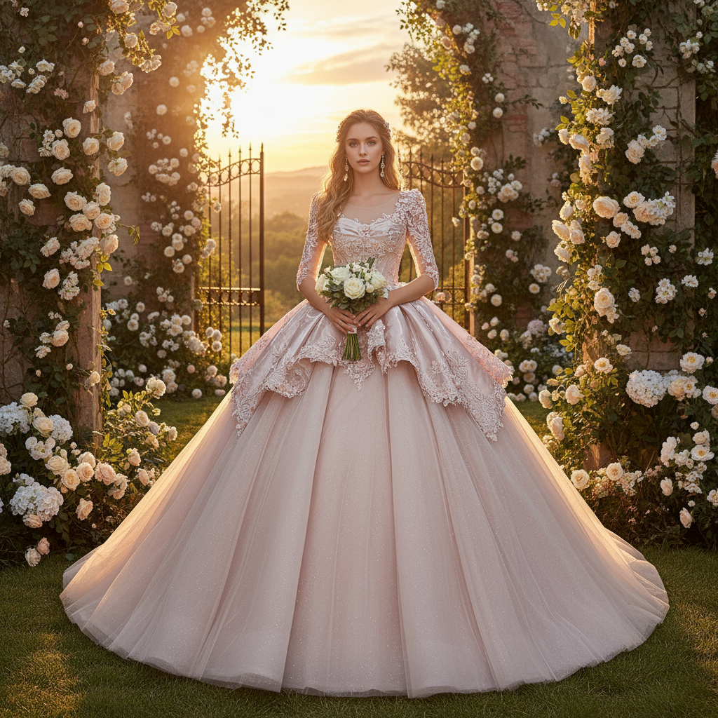 Puff Sleeve - Puffy Pink Prom Dress - Floor Length Elegant
