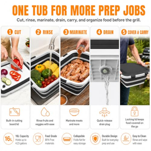 Lot de 2 bacs de préparation BBQ pliables XL avec planche à découper intégrée, couvercle et passoire – Mariner, égoutter et préparer – Grand récipient alimentaire sécurisé - Product Image 3