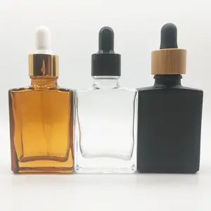 1盎司透明琥珀色哑光黑色矩形/方形香水玻璃滴管瓶30毫升，带竹帽，用于胡须精油