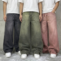 Jean ample personnalisable pour homme, coupe large, avec lettres imprimées en relief, effet délavé vintage, en denim baggy avec taille à cordon de serrage