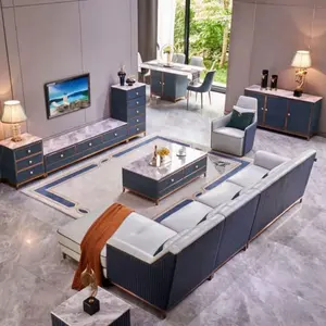 Atacado estilo moderno azul e cinza claro couro genuíno salão sofá relaxante sofá para casa
