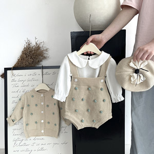 Winter <strong>Newborn</strong> Baby <strong>Knit</strong> Clothes Toddler Girls Long Sleeves <strong>Cardigan</strong> and Sling Romper Cute Baby Sweater - Product Image 2