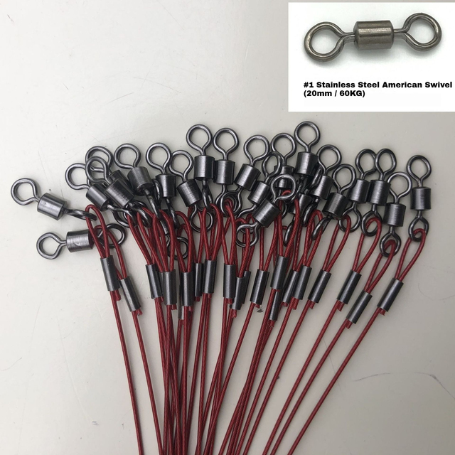 50cm 1mm Heavy Duty Steel Fishing Leader Wire, 50KG Anti Bite Sea Boat Trace Line with Stainless Steel Swivel & Dual Lock Snap