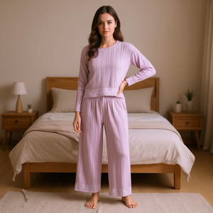 Completo pigiama da donna Dolado in maglia, a maniche lunghe, girocollo, a righe, morbido, casual, con vita alta ed elastica - Product Image 2